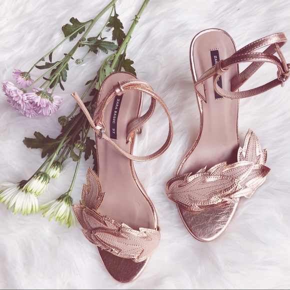{zara} braided leaf detail golden sandal heels
